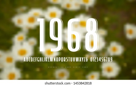 Decorative  sans serif narrow font in retro style. Letters and numbers for logo and label design. White print on blurred background