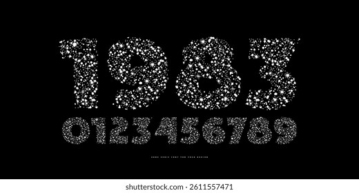 Decorative sans serif numerals with night starry texture. For headline and emblem design. White print on black background