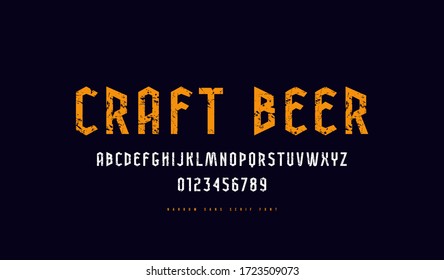 Decorative sans serif stick font. Bold face. Letters and numbers with vintage texture for logo and title design. Color print on black background