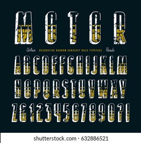 Decorative Sanserif Bulk Font In Biker Style. Graphic Design For Titles And Logos. Letters With Shabby Texture. Color Print On Black Background