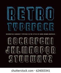 Decorative sanserif bulk font. Typeface in the style of hand-drawn graphics. Color print on black background