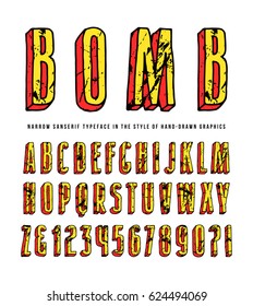 Decorative sanserif bulk font. Typeface in the style of hand-drawn graphics. Letters with shabby texture. Design for titles and t-shirts. Color print on white background