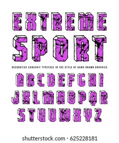 Decorative sanserif bulk font. Typeface in the style of hand-drawn graphics. Letters with shabby texture. Color print on white background