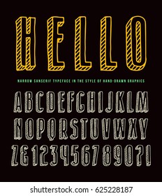 Decorative sanserif bulk font. Typeface in the style of hand-drawn graphics. Design for titles and t-shirts. Color print on black background