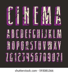 Decorative sanserif font with effect of volume. Letters with shabby texture. Color print on black background