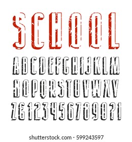 Decorative sanserif font with effect of volume. Letters with shabby texture