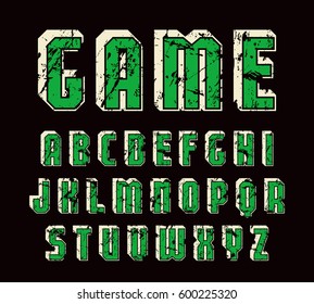 Decorative sanserif font with effect of volume. Letters with shabby texture. Color print on black background