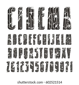 Decorative sanserif font with effect of volume. Letters with shabby texture. Black print on white background