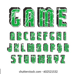 Decorative sanserif font with effect of volume. Letters with shabby texture. Color print on white background