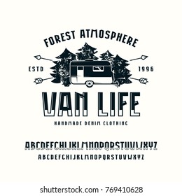 Decorative sanserif font with effect of volume. Van life emblem for t-shirt. Letters for logo and title design. Black print on white background
