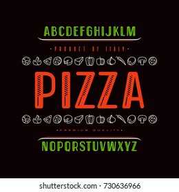 Decorative sanserif font and pizza box cover. Letters for logo and title design. Color print on black background