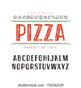 Decorative sanserif font and pizza box cover. Letters with rough texture for logo and title design. Color print on white background