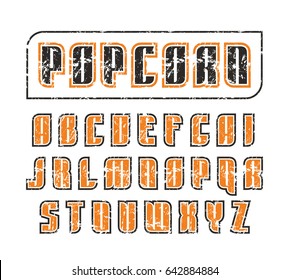 Decorative sanserif font in retro style. Typeface with contour and shabby texture. Design for titles and logos. Print on white background