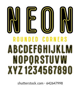 Decorative sanserif font with rounded corners and internal contour. Design for titles and signboards. Isolated on white background