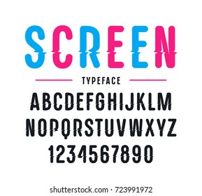 Decorative sanserif font with rounded corners. Letters and numbers with glitch distortion effect