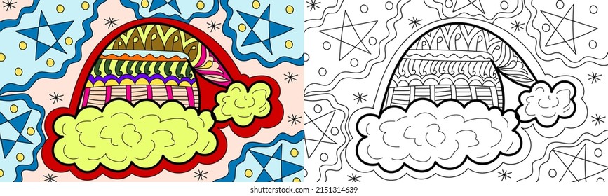 Decorative Santa Christmas cap coloring book page illustration for adults art drawing relaxing 