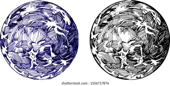 decorative satellite or planet of the Solar system, in black and blue ink, ballpoint pen, vector illustration isolated on white background in hand drawn style