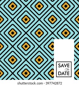 Decorative Save The Date wedding invitation vector design with a seamless turquoise blue and black diamond pattern with gold glitter accent and corner text with copy space on white