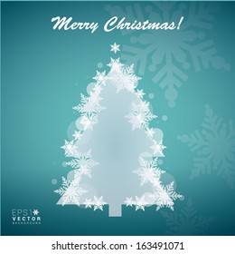 Decorative scalable christmas tree vector built of snow flakes with minimal background for web sites, brochures and holiday greetings - blue edition