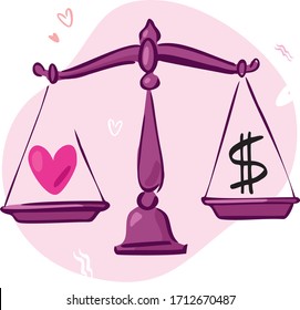Decorative scales with a heart and a dollar icon. Concept about values and choices in people's lives. Making a decision between love and money. Symbol of the marriage contract. Vector illustration.