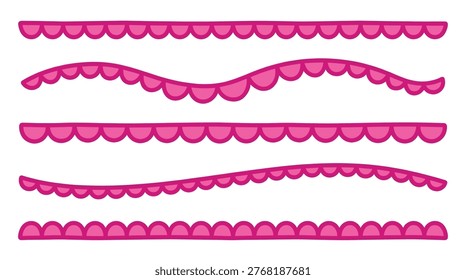 Decorative scalloped border collection in a flat horizontal style, ribbons, lace edging, festive trims, patterns, and flourishes.