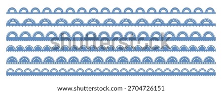 Decorative scalloped border set with eyelet perforation details. Blue lace style trim collection featuring repeated semicircle scallop edges and delicate punched holes for elegant frame designs.