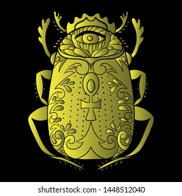 Decorative scarab with egyptian cross and all seeing eye in gold colors. Isolated on black background. Egyptian logo or tattoo. Religion card.