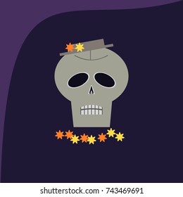 Decorative scary skull with orange flowers on hat - illustration on purple background