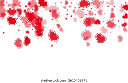 Decorative scattered hearts confetti valentine background. Romantic holiday party decor. Bright hearts love emotion symbols isolated on transparent background. Romantic event sweet decor.