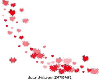 Decorative scattered hearts confetti vector illustration. Romantic greeting card backdrop. Framed hearts love passion symbols isolated on transparent background. Anniversary simple decor.