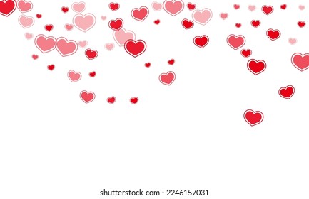 Decorative scattered hearts confetti vector illustration. Modern holiday banner backdrop. Bright hearts love emotion symbols isolated on transparent background. Valentine's day lovely decor.