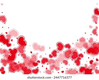 Decorative scattered hearts falling vector illustration. Abstract greeting card backdrop. Ruby red hearts love pleasure symbols isolated on transparent background. Birthday simple decor.