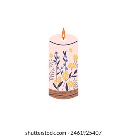 Dekorative Duftkerze mit Blumenmuster. Vektorillustration von aromatischen Kerze mit Blumen und Blättern für die Inneneinrichtung geschmückt