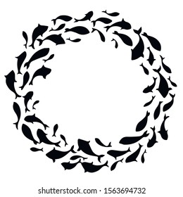 Decorative school of fish. Black silhouettes of fish swimming in a circle. Banner with fish. Vector illustration.