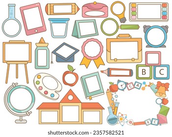Decorative school frame and border isolated set with education accessories and empty copy space for text vector illustration. Trendy memo message notice, doodle label template with study stationery