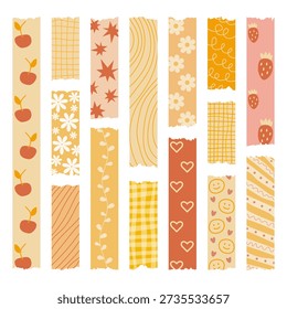 Decorative scotch tape with with cute hand drawn doodles. Washi tape stripes yellow pastel color set. Vector adhesive tapes with ragged edges.