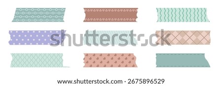Decorative scrapbook washi tape strips with patterns - circles, waves, zigzags and stars for journaling or crafts. Grid with diagonal lines, hearts and stitched edges for memory book embellishments.