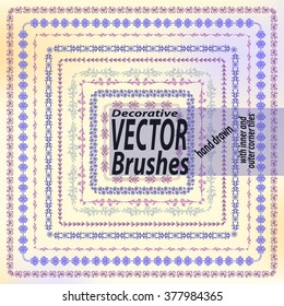 Decorative Scribble Paintbrushes with Inner and Outer Corners. Seamless Whimsical Borders for Patterned Frames. Vector art  Brushes.