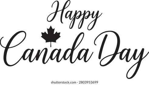 Decorative script typography with a black maple leaf celebrates Canada Day perfect for festive occasions
