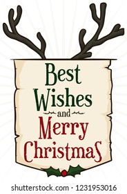 Decorative scroll with greeting sign decorated with reindeer horns, holly leaves and berry, wishing at you a Merry Christmas and best wishes.