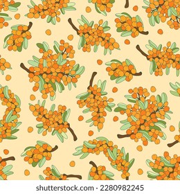 Dekoratives Meerbuckthorn nahtloses Muster. Helle Buckthornbeeren, Zweige und Blätter. Vektorgrafik, gezeichnet. Entworfen, um ein Paket von Gesundheits- und Schönheitsprodukten zu kreieren