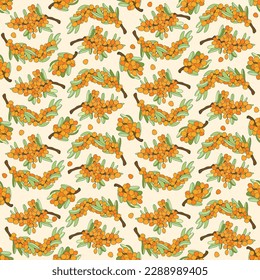 Espalda marina decorativa sin fisuras. Bayas, ramas y hojas de espinas marinas brillantes. Ilustración dibujada en el contorno del vector. Plantilla con bayas frescas de color naranja para papel de pared, tela, embalaje