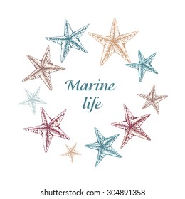 Decorative sea card with starfishes. Can be used as a greeting card or wedding invitation