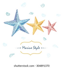 Decorative sea card with starfishes. Can be used as a greeting card or wedding invitation