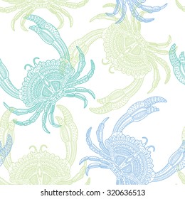 Decorative sea crab. Hand drawn vector illustration. Seamless pattern.