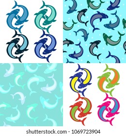 decorative sea fish shark.Set of four illustrations
