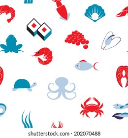 Decorative sea food sushi restaurant menu scallop fish items symbols seamless wrap paper background abstract vector illustration