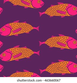 Decorative  sea  pattern, stripes,  hole, spots,waves,scale fishes, doodles,  seamless, copy space . Hand drawn.