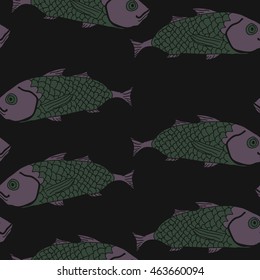 Decorative  sea  pattern, stripes,  hole, spots,waves,scale fishes, doodles,  seamless, copy space . Hand drawn.