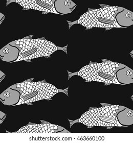 Decorativo patrón marino, rayas, orificios, puntos, olas, peces de escala, garabatos, sin fisuras, espacio de copia. Dibujado a mano.